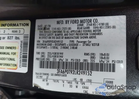 2020 Ford Fusion Se z USA, uszkodzony, nr VIN 3FA6P0T92LR249152